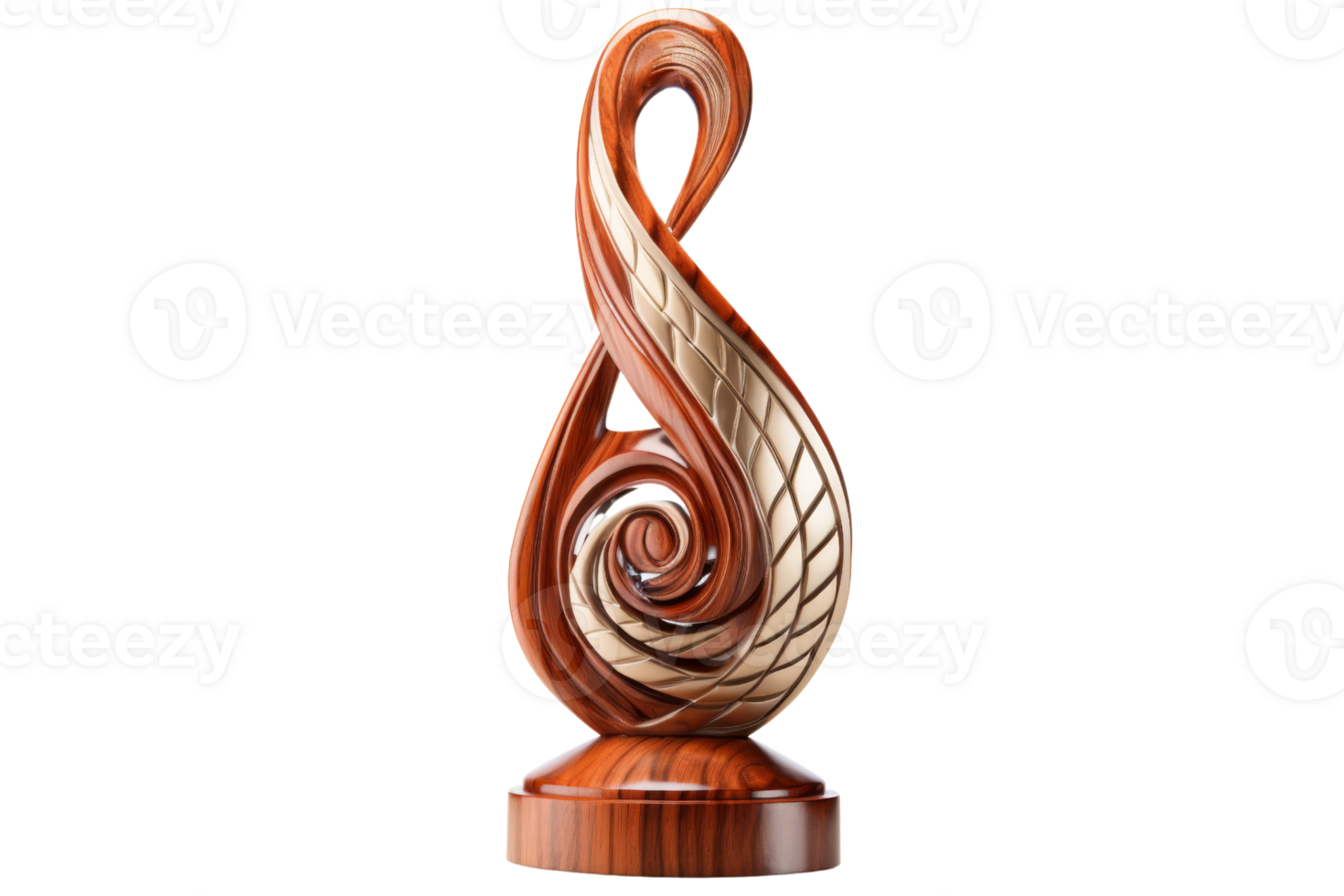 A wooden sculpture of a spiral with gold accents. The design of the sculpture is intricate and detailed, with a sense of movement and flow. The gold accents add a touch of elegance png
