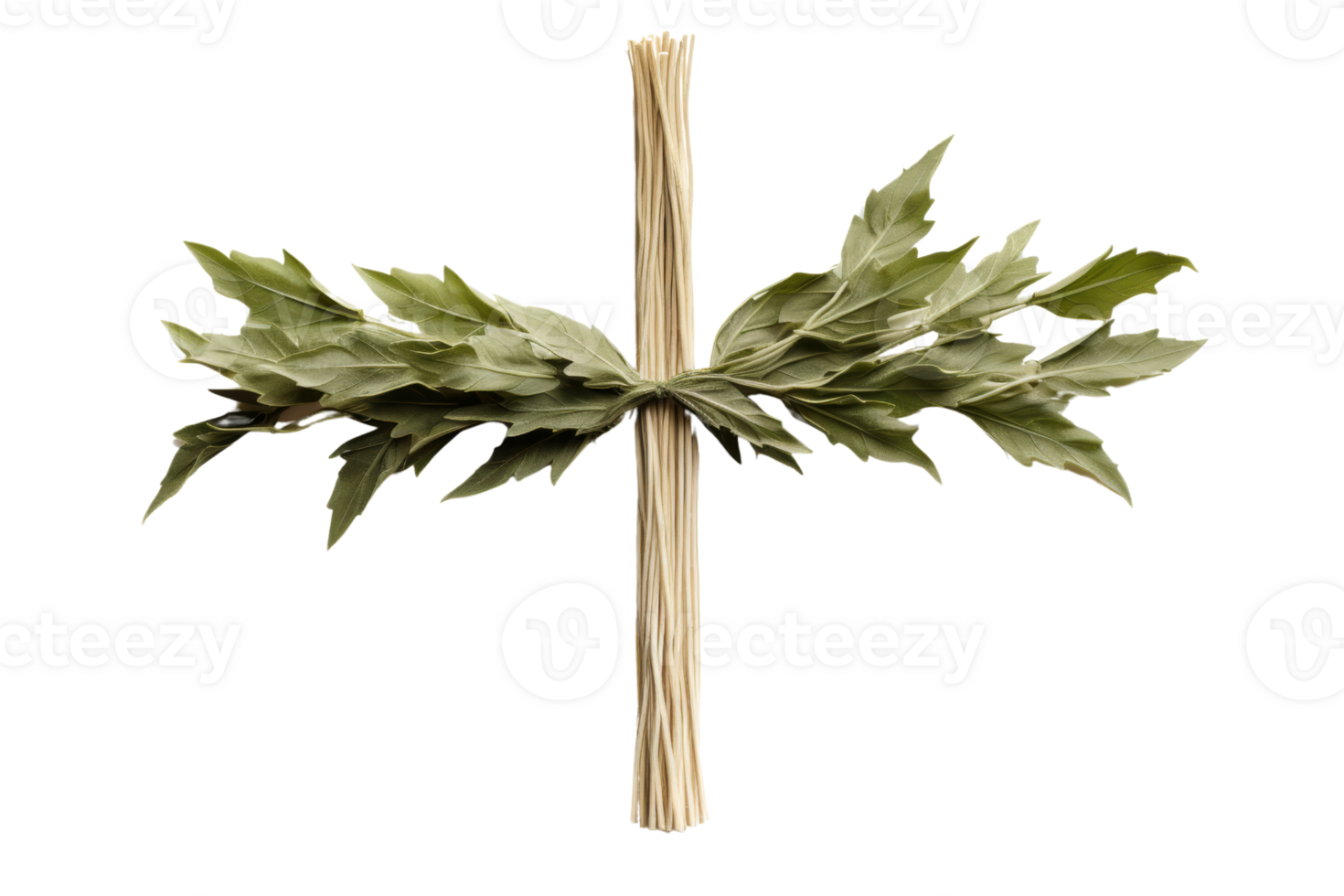 A cross made of dried leaves is tied to a stick png