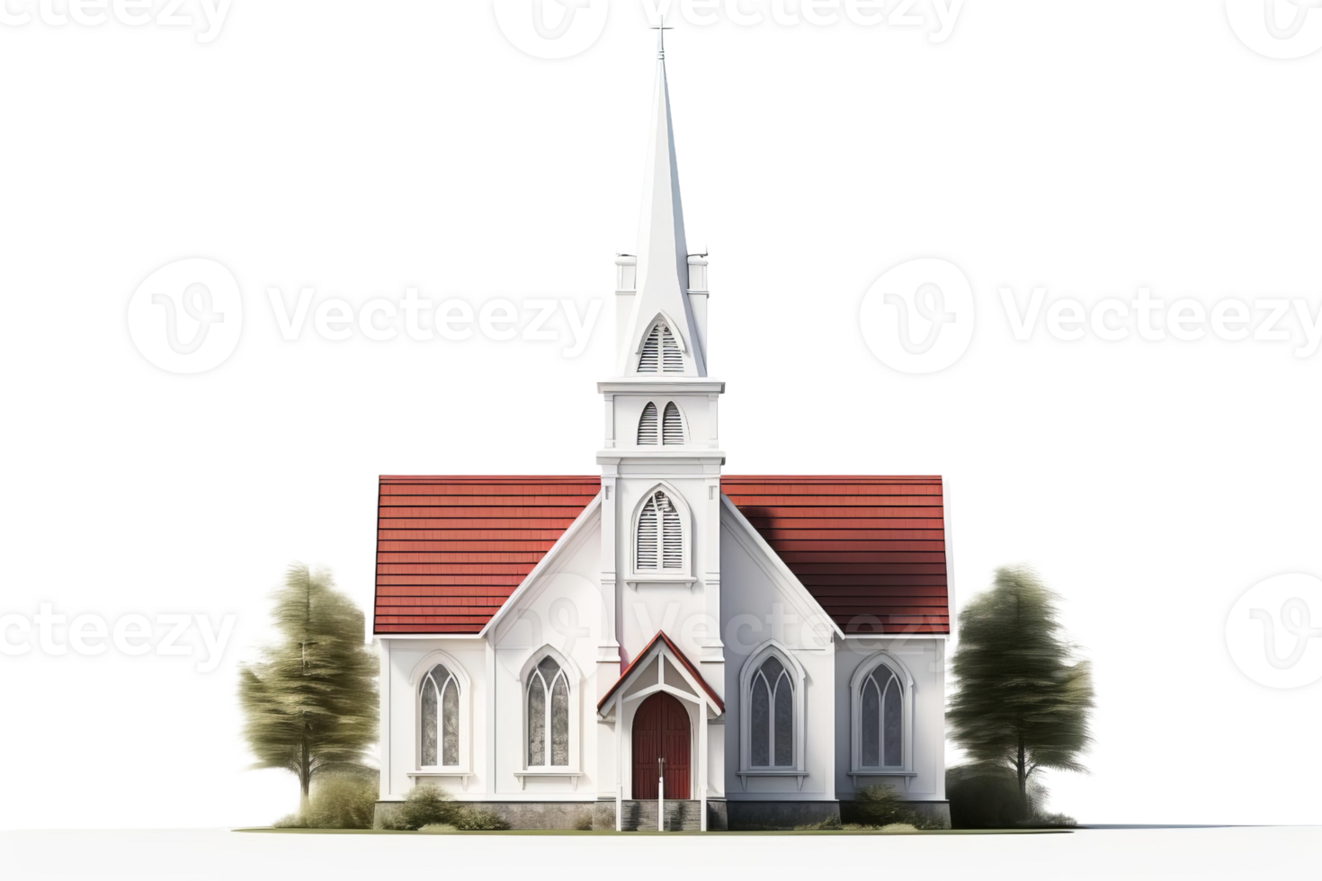 A white church with a red roof and a cross on top. The church is surrounded by trees and he is a peaceful and serene place png