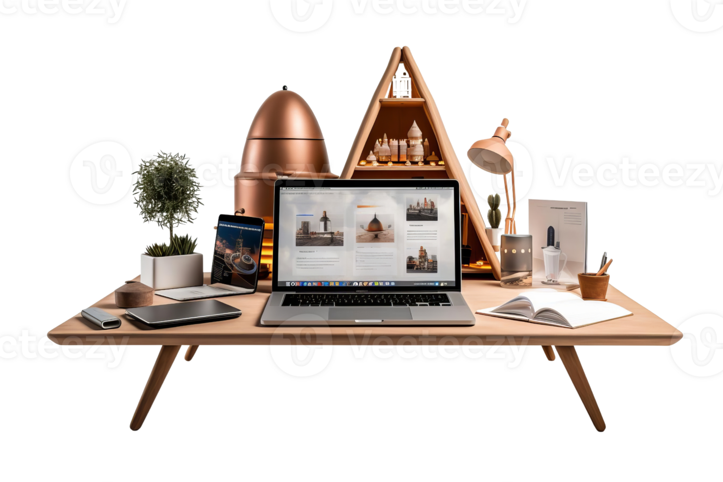 A laptop sits on a wooden desk with a variety of items including a potted plant, a book, a vase, and a lamp. The laptop is open to a webpage with a picture of a rocket on it png