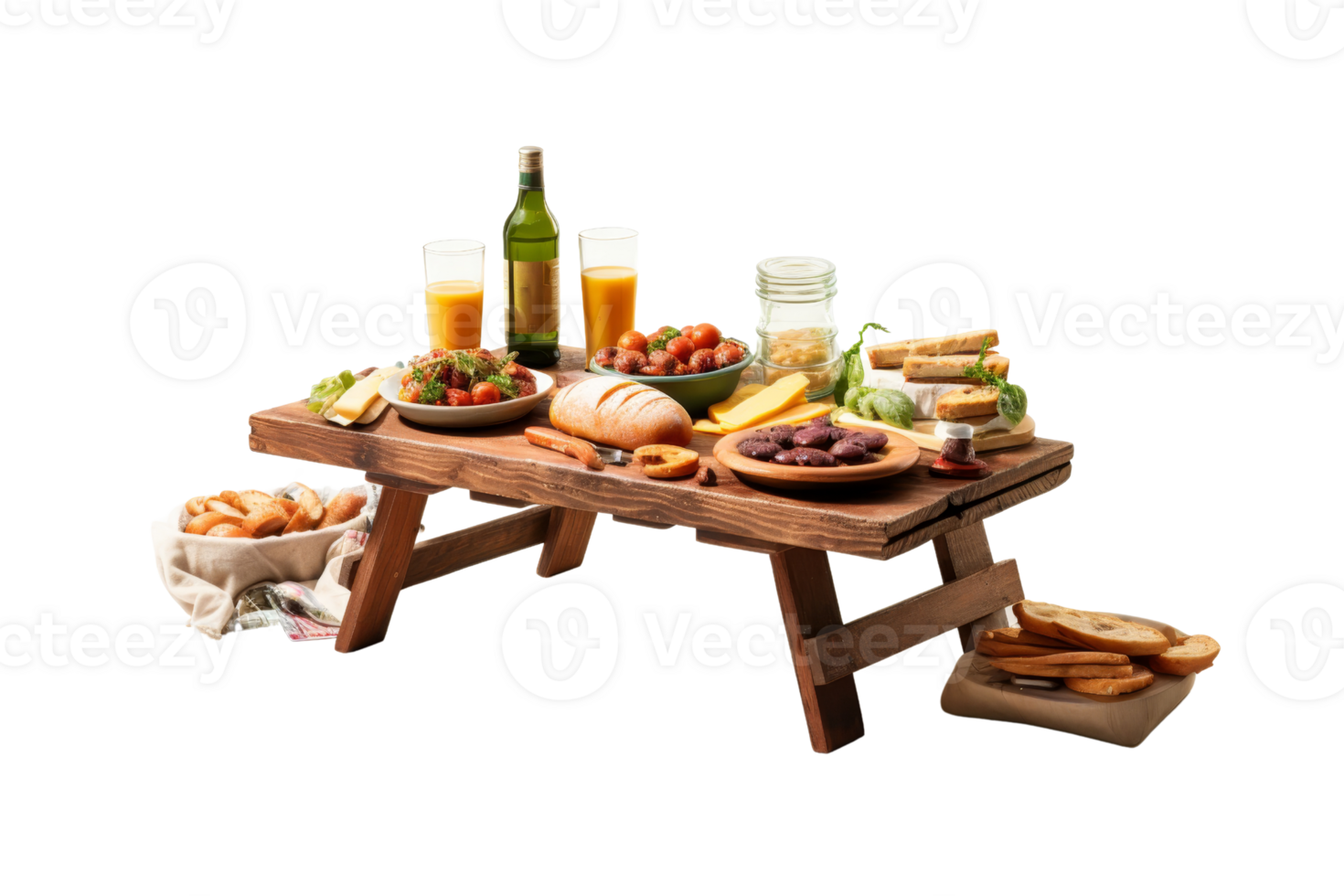 A wooden picnic table is covered with a variety of food and drinks, including sandwiches, fruit, and wine. The table is set up for a casual outdoor meal, with a bottle of wine png