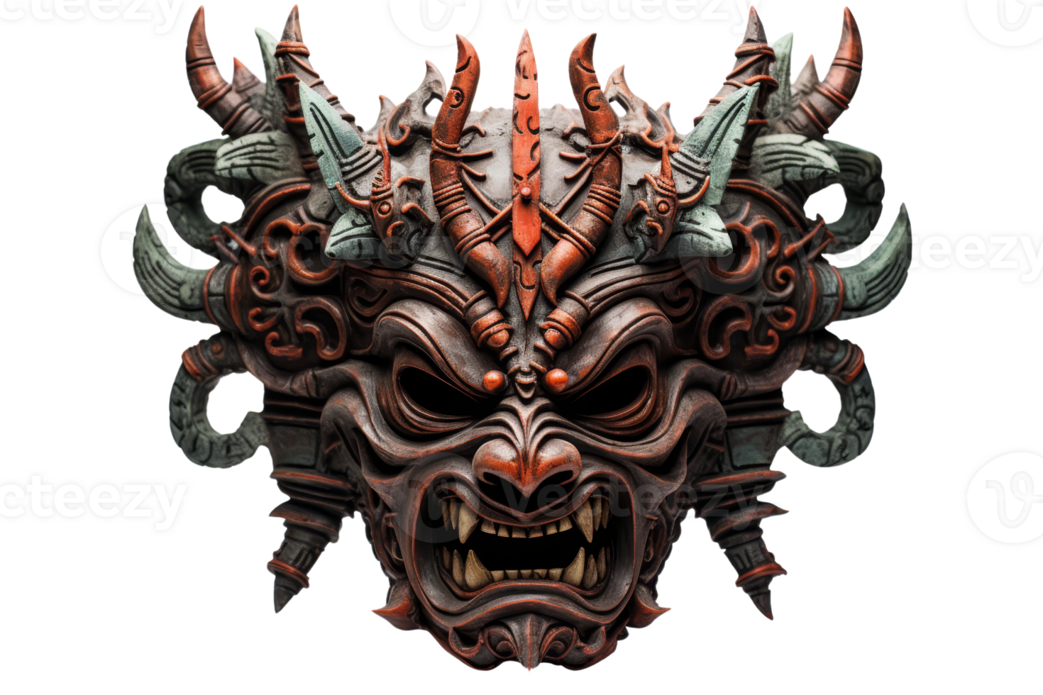 A scary looking mask with horns and teeth. The mask is red and black. It looks like it is from a horror movie png