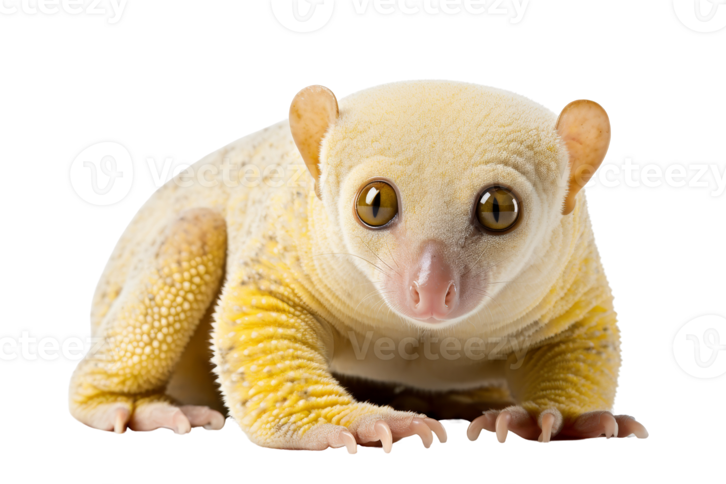 A small, yellow and white animal with a big head and long legs. It is looking at the camera png