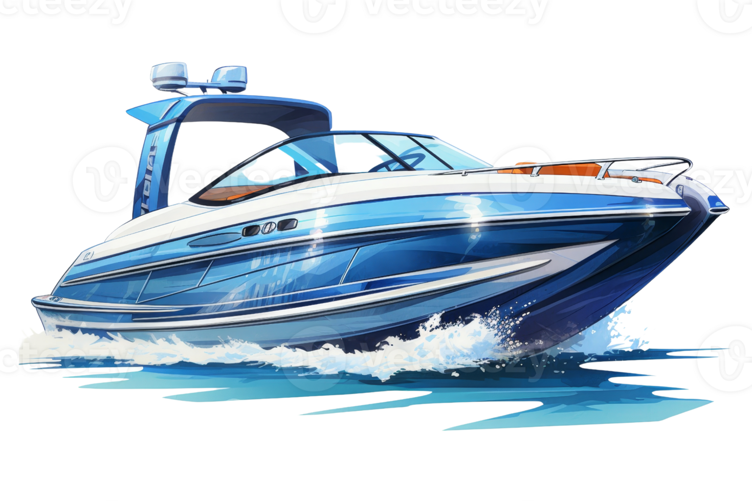 A blue and white boat is on the water. The boat is moving fast and has a blue stripe on the side png