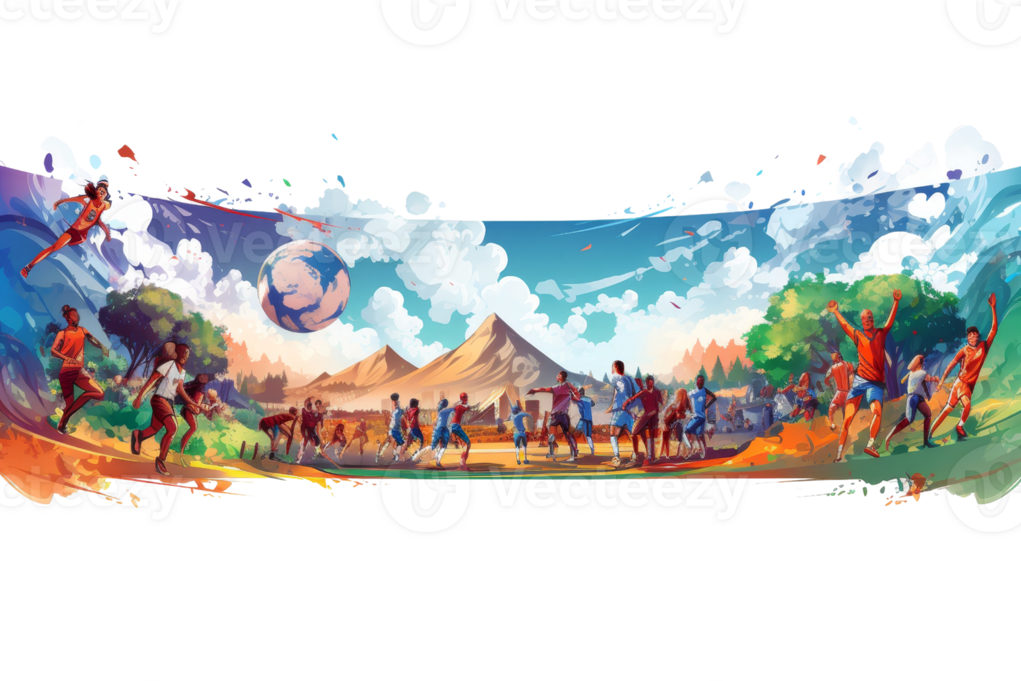 A colorful painting of people playing soccer with a ball in the air. The painting is full of energy and excitement, with people running and jumping around. The sky is filled with clouds png