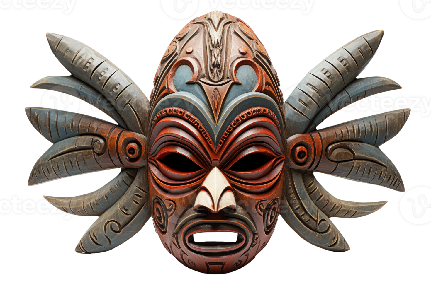 A mask with a face and feathers on it. The mask is brown and blue png