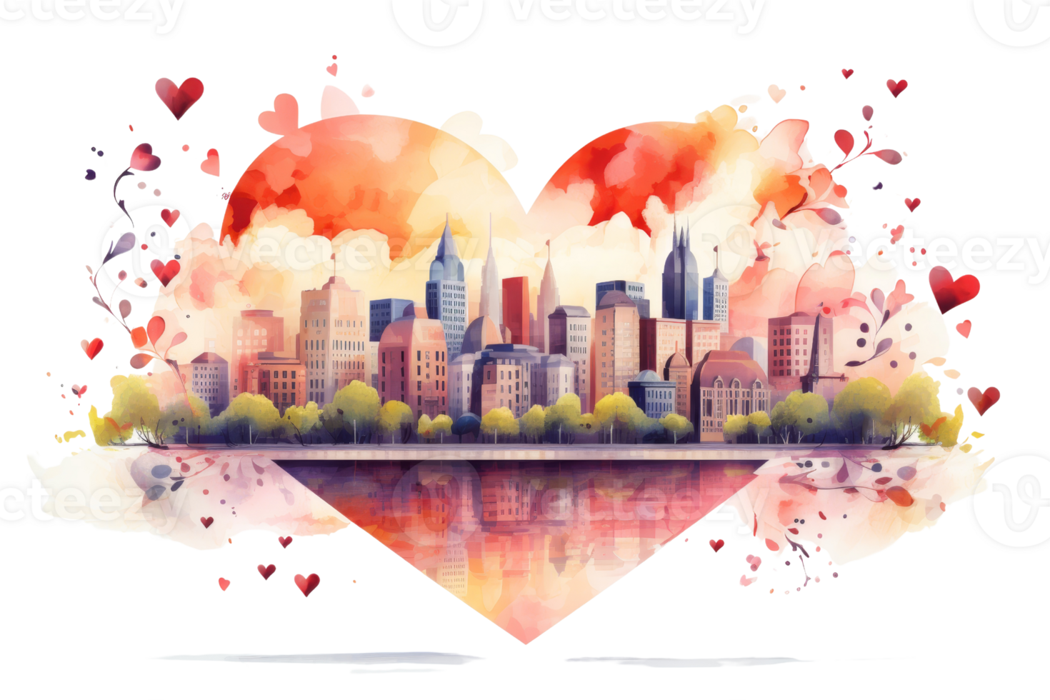 A heart with a city in the background. The city is full of buildings and trees. The heart is surrounded by a lot of love and affection png
