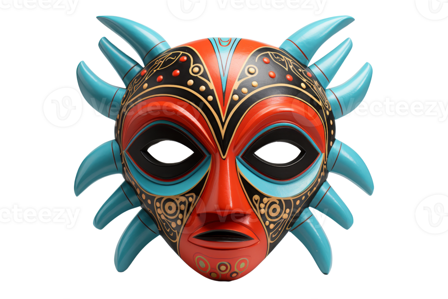 A mask with blue and red colors and a black nose. The mask has a spider-like design and is made of wood png