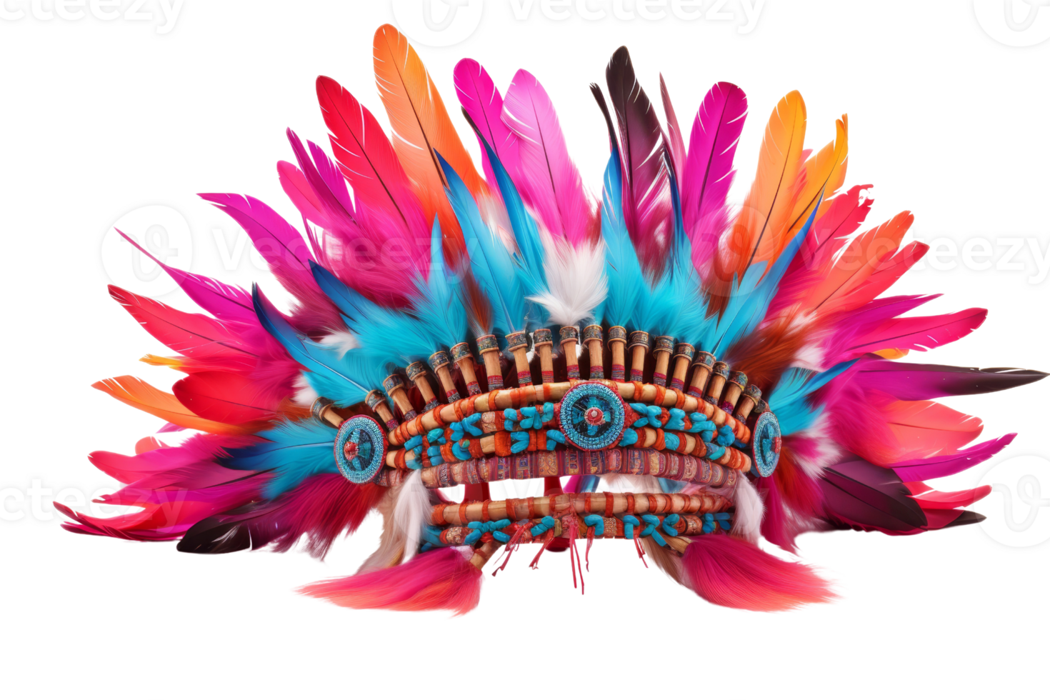 A colorful feather headdress with a blue and red center. The feathers are arranged in a way that creates a sense of movement and energy. The headdress is a symbol of Native American culture png
