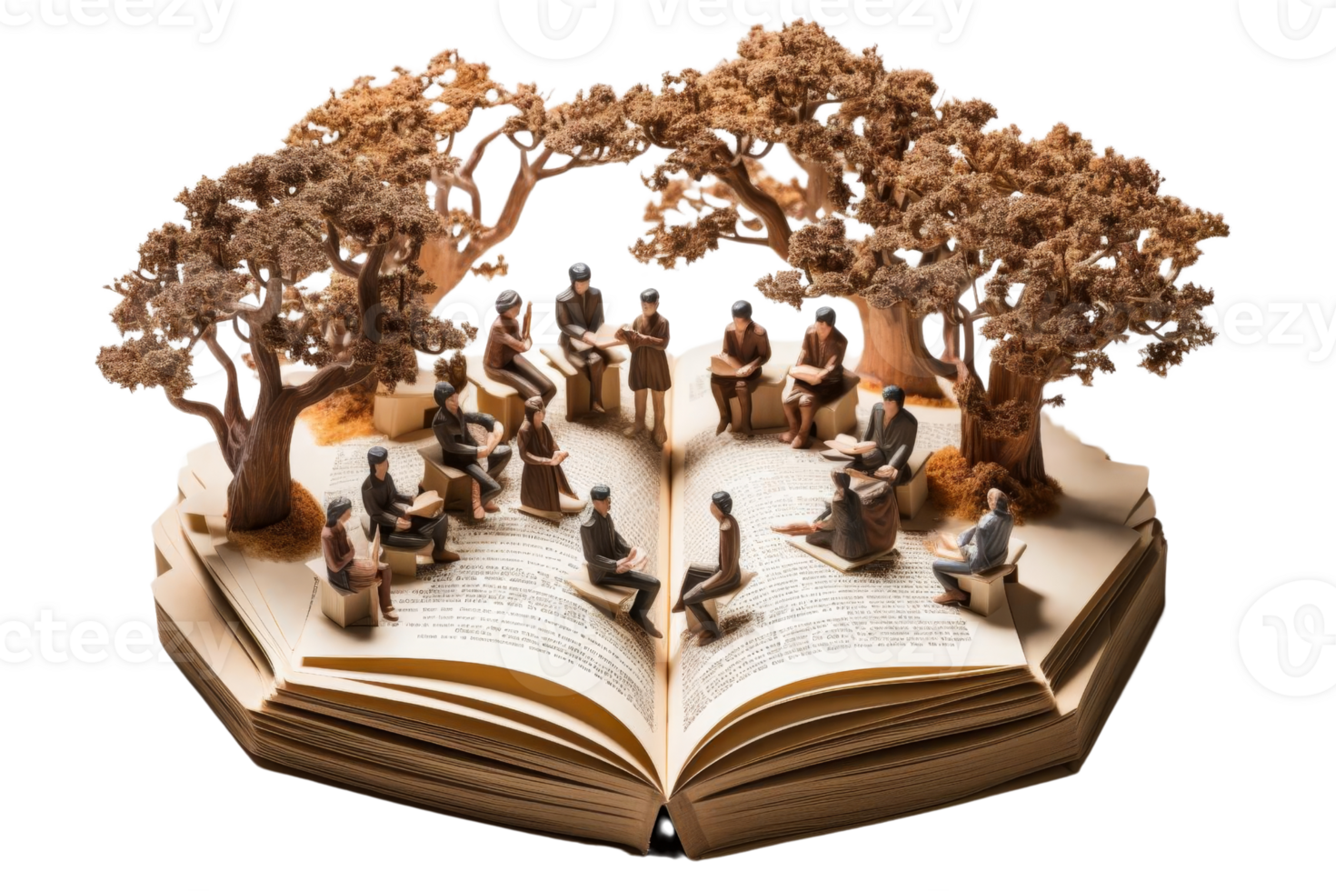 A group of people are sitting around a book, with trees in the background. The scene is peaceful and inviting, with the people looking at the book and enjoying each other's company png