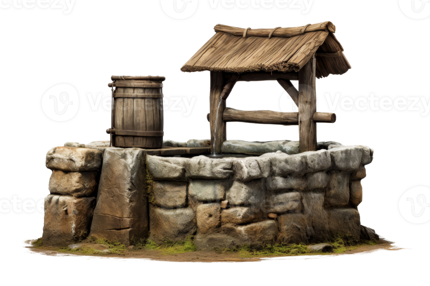 A stone well with a wooden barrel and a wooden roof. The well is surrounded by rocks and has a stone wall. The well is old and rustic, giving it a sense of history and charm png