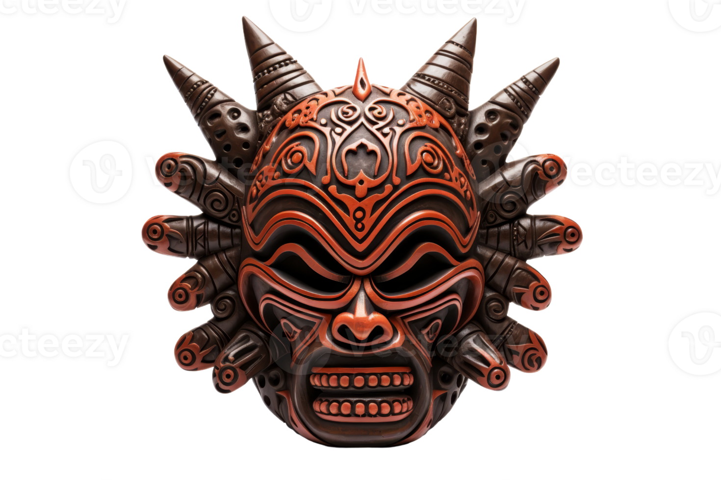 A brown mask with horns and a black face. The mask is decorated with gold and silver. The mask has a menacing look to it png