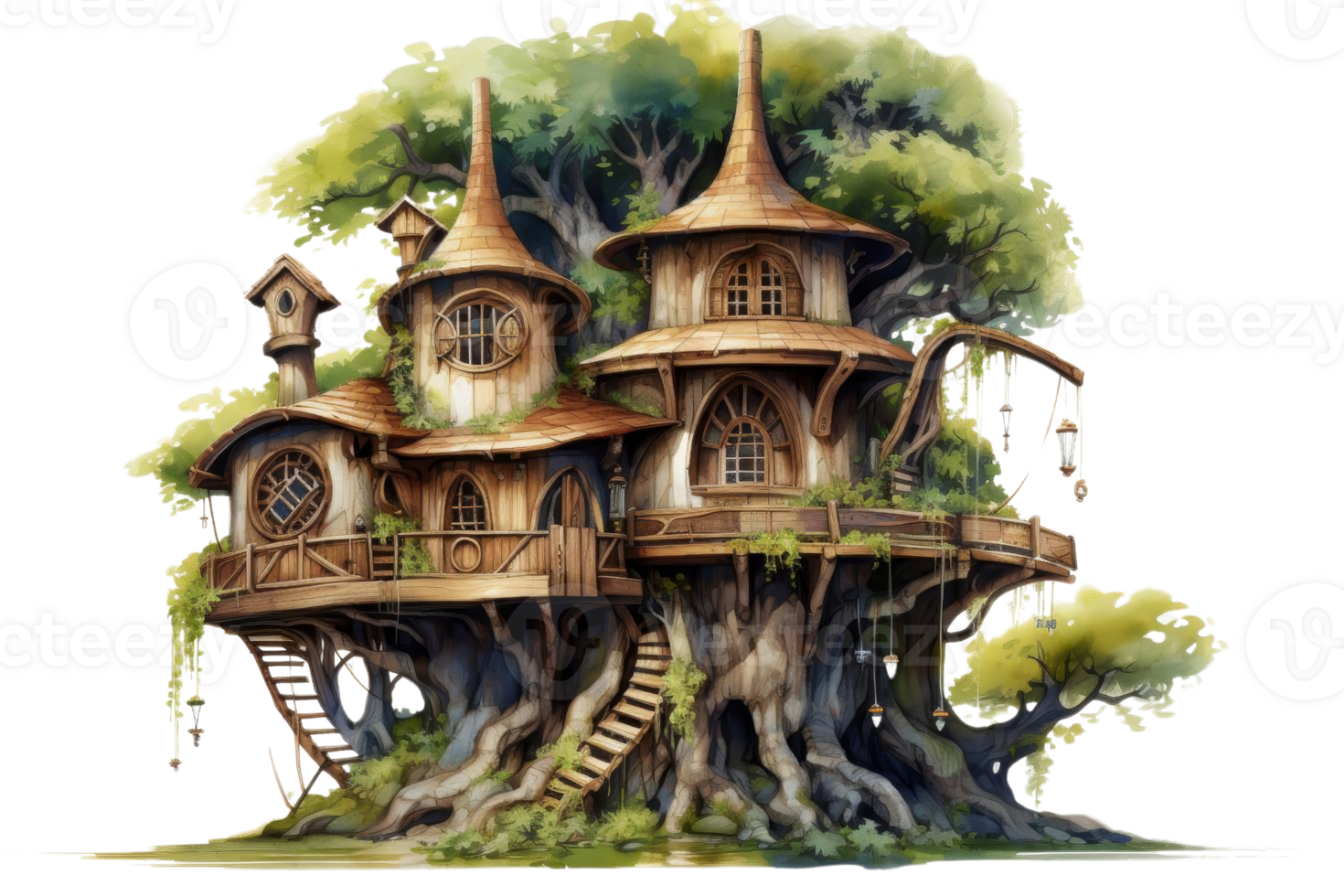 A tree house with a bird house on top. The house is made of wood and has a lot of windows png