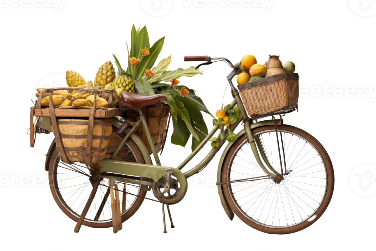 A bicycle is filled with fruit, including bananas, oranges, and pineapples. The bike is old and has a basket on the front png