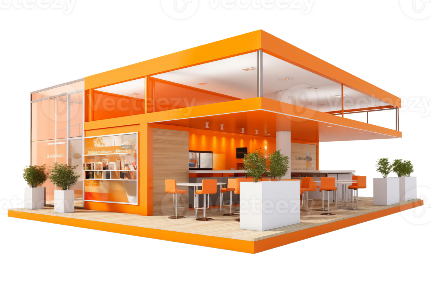 A large orange building with a lot of windows and a lot of seating. The building is designed to look like a restaurant or a cafe png