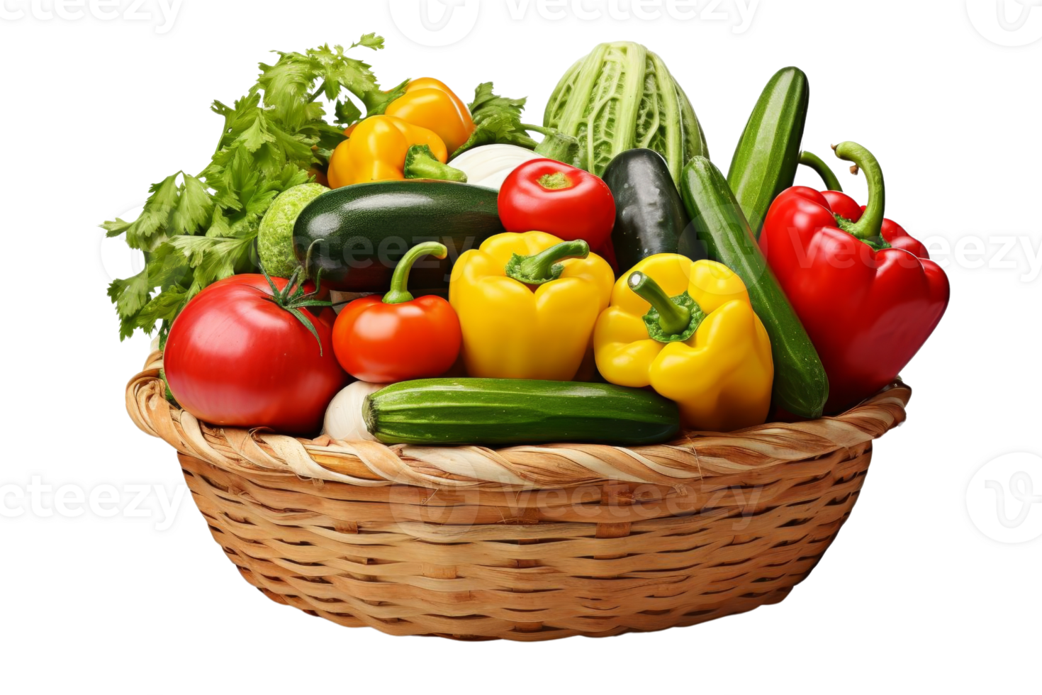 A basket full of vegetables including tomatoes, cucumbers, peppers, and zucchini. The basket is overflowing with a variety of colorful vegetables, creating a vibrant and healthy atmosphere png