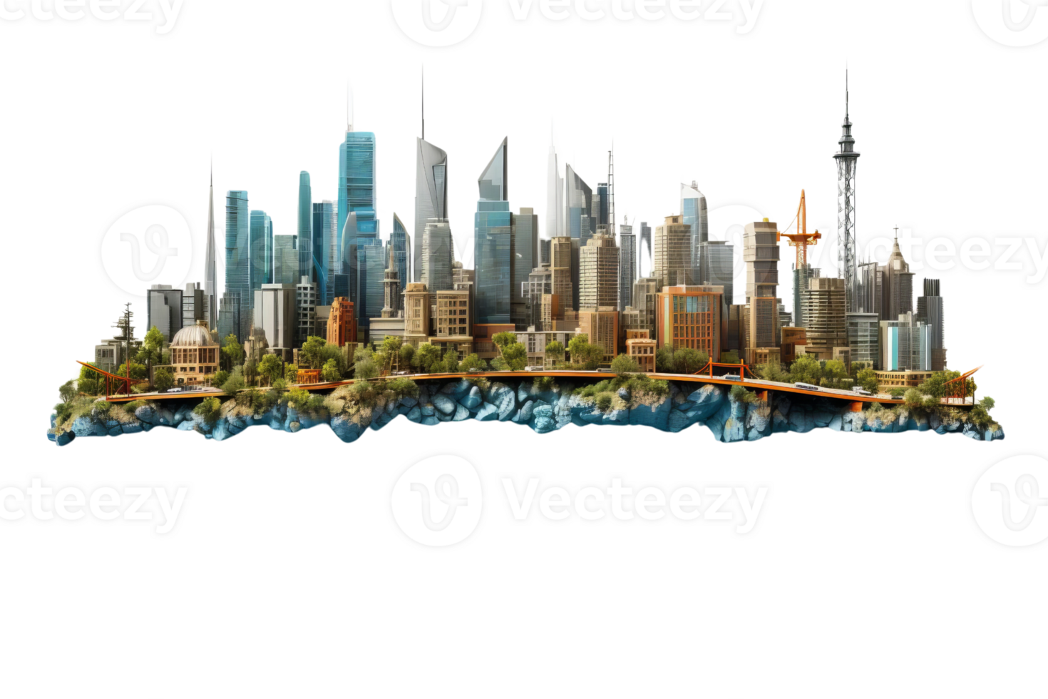 A cityscape with a tall building in the middle and a bridge in the foreground. The city is full of life and energy png