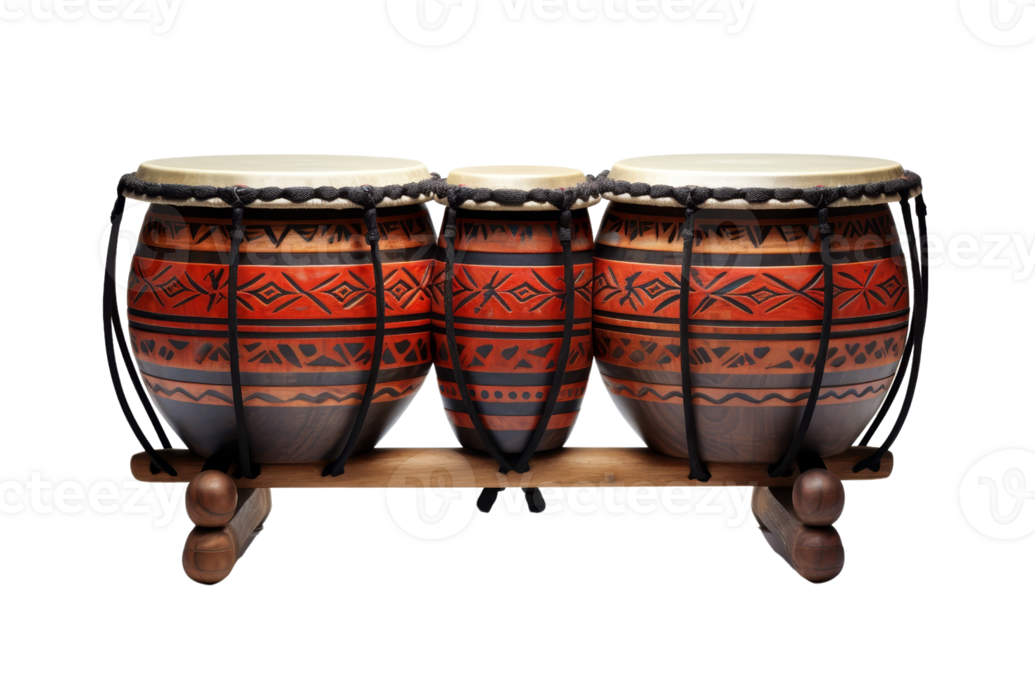 Three drums with a black and red design. The drums are on a wooden stand png