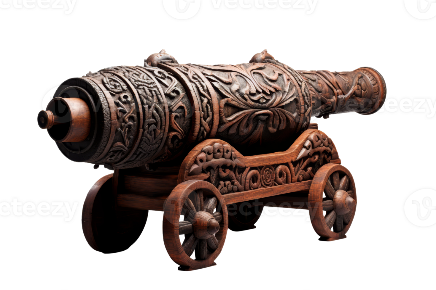 A wooden cannon is on a wooden cart. The cannon is carved with intricate designs and has a rustic appearance png