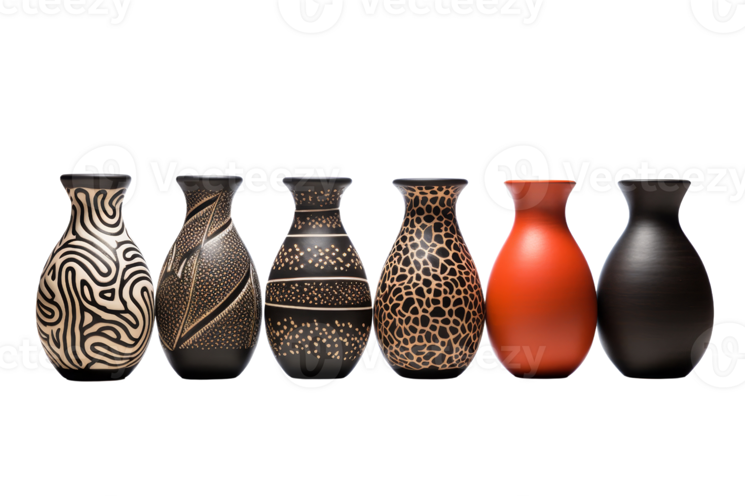 A row of vases with different designs and colors. The vases are arranged in a line, with some being taller and others shorter. The variety of shapes and colors creates a visually interesting display png