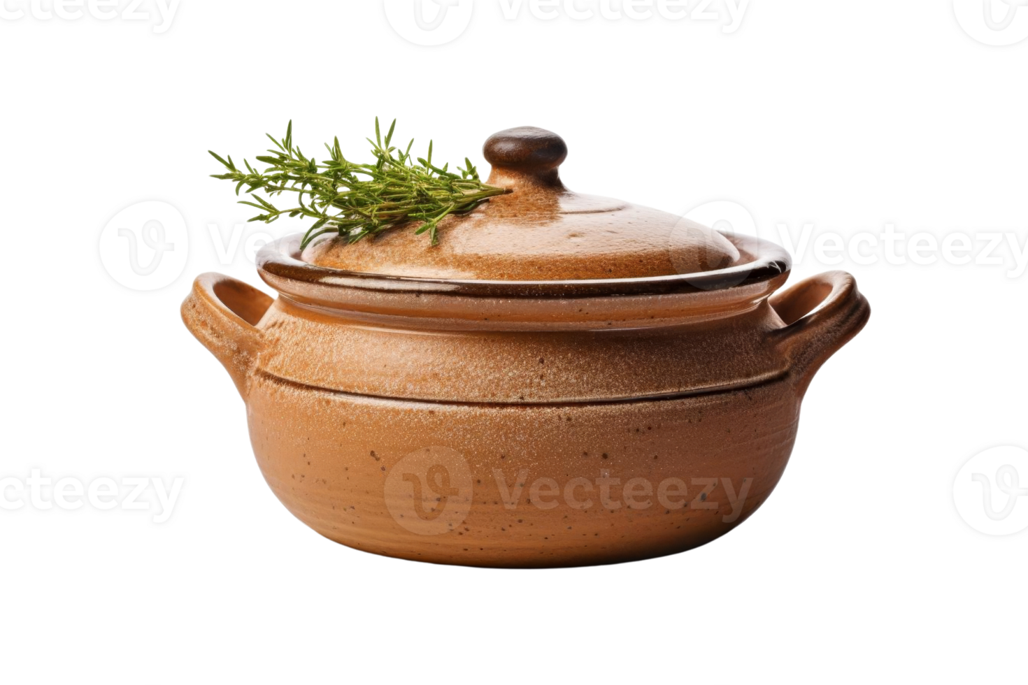 A brown pot with a lid and herbs on top png