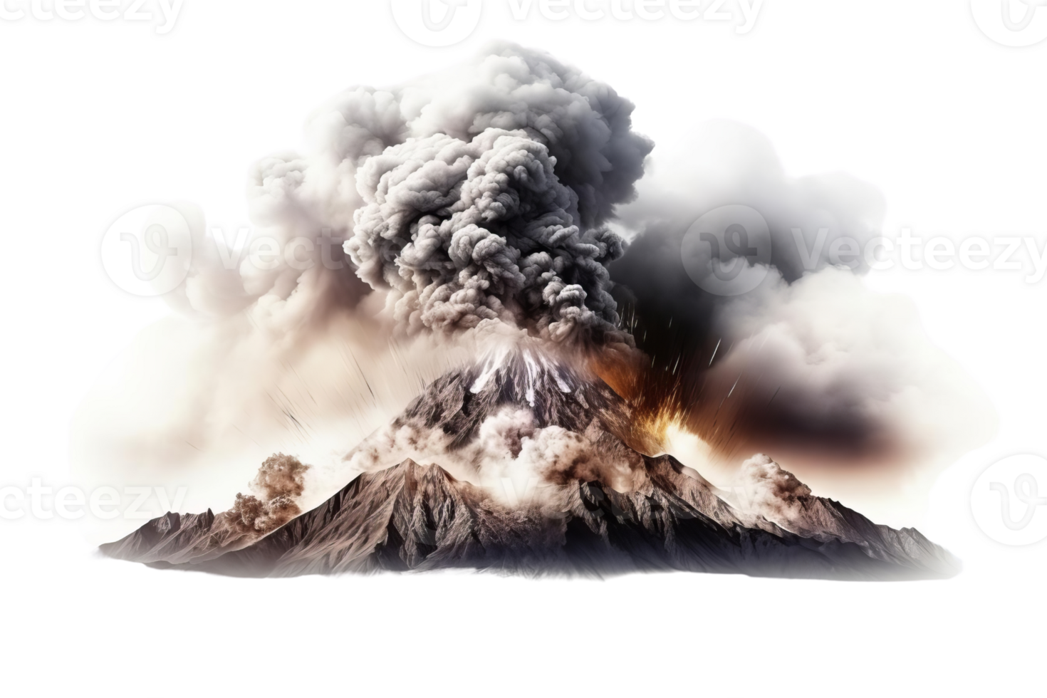 A volcano erupts with a lot of smoke and ash. The volcano is surrounded by a mountain range png