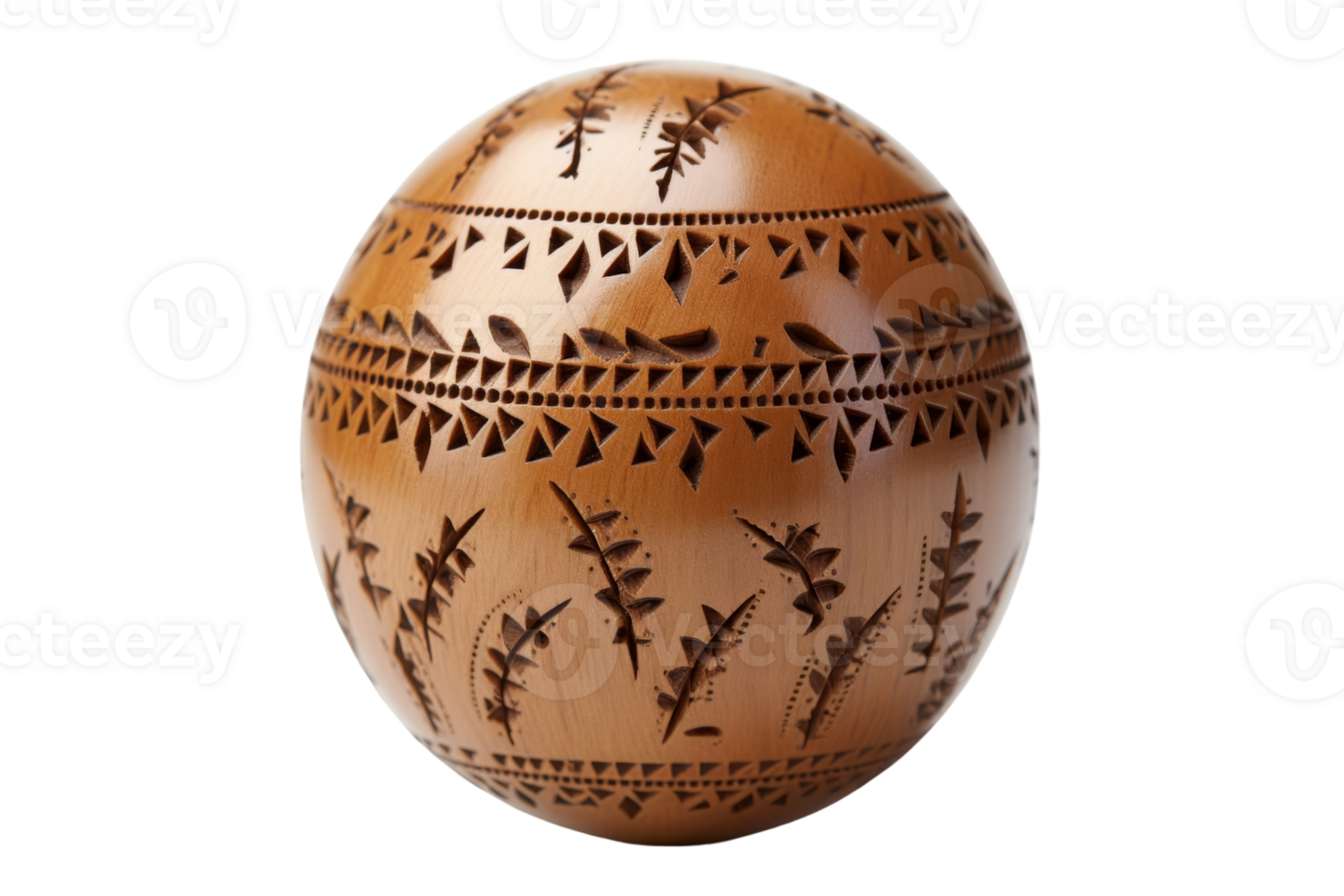 A wooden ball with a design of leaves and flowers. The ball is brown and has a unique pattern png