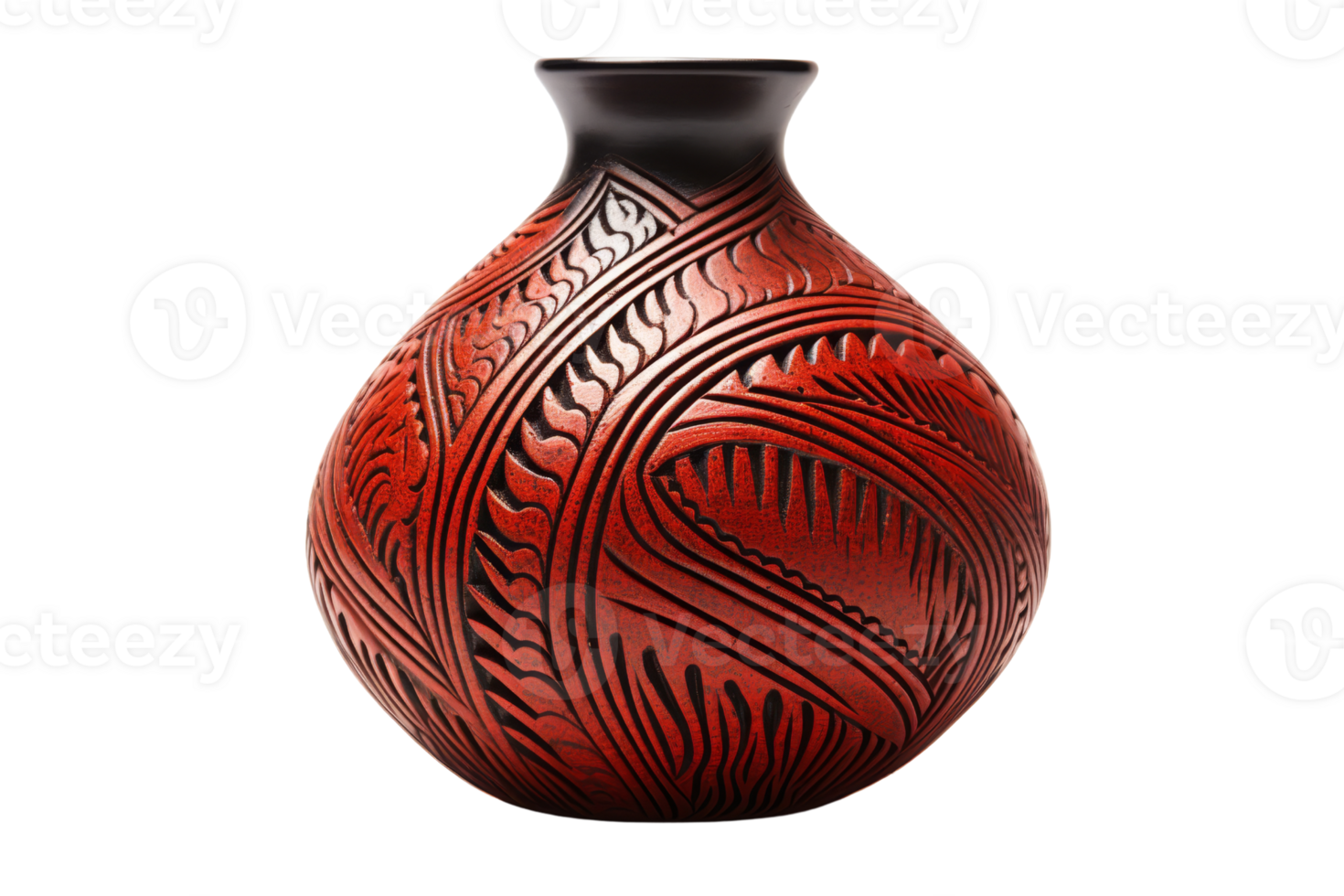 A red vase with a black base and a black rim. The vase is decorated with a pattern of leaves png