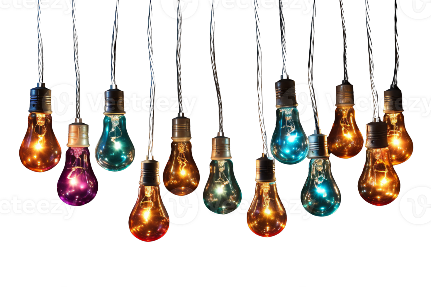 A row of colorful light bulbs hanging from a string. The bulbs are of different colors and sizes, creating a vibrant and cheerful atmosphere png