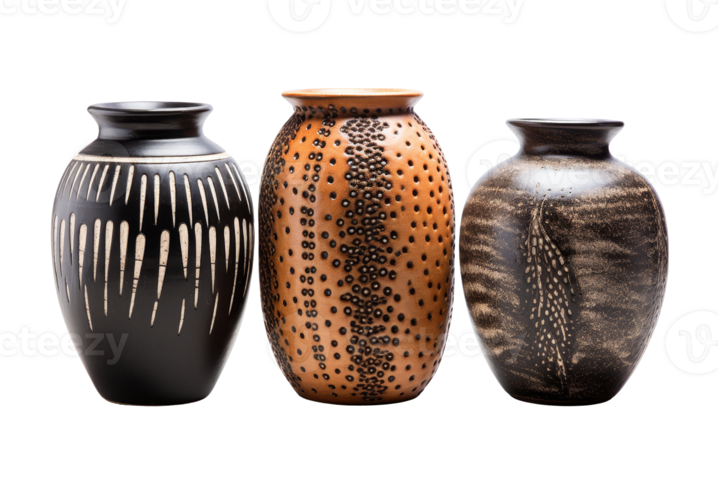 Three vases with different designs and colors. The first one is black and white, the second one is brown and white, and the third one is black and brown png