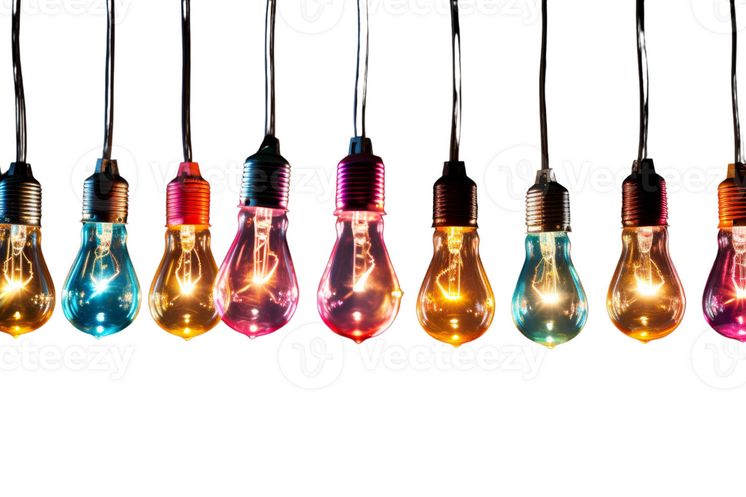 A row of colorful light bulbs hanging from a string. The bulbs are of different colors and sizes, creating a vibrant and lively atmosphere. The arrangement of the bulbs suggests a sense of creativity png
