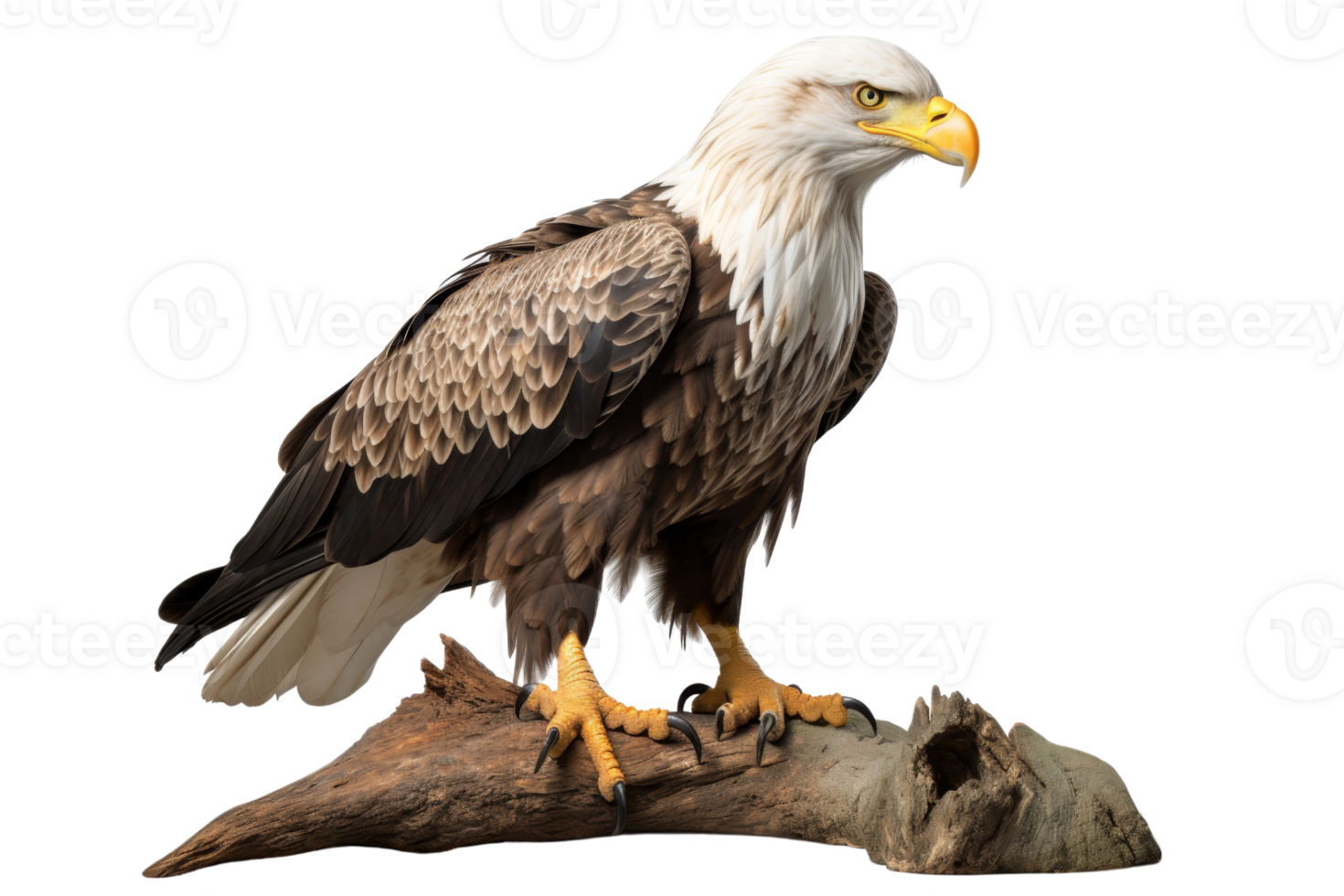 A large eagle is perched on a branch. The bird has a fierce look on its face, and its feathers are ruffled. The scene is serene and peaceful, with the eagle standing tall and proud on the branch png