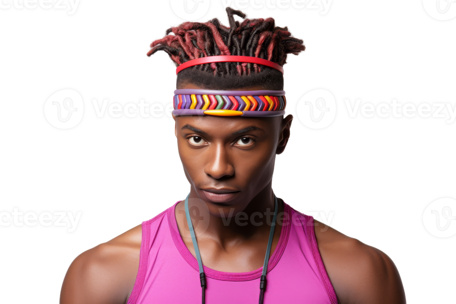 A man with red hair and a pink tank top is wearing a headband. He has a serious expression on his face png