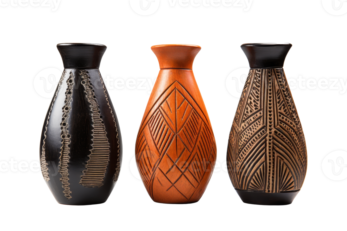 Three vases with different designs and colors. The vases are made of clay and have a unique pattern png