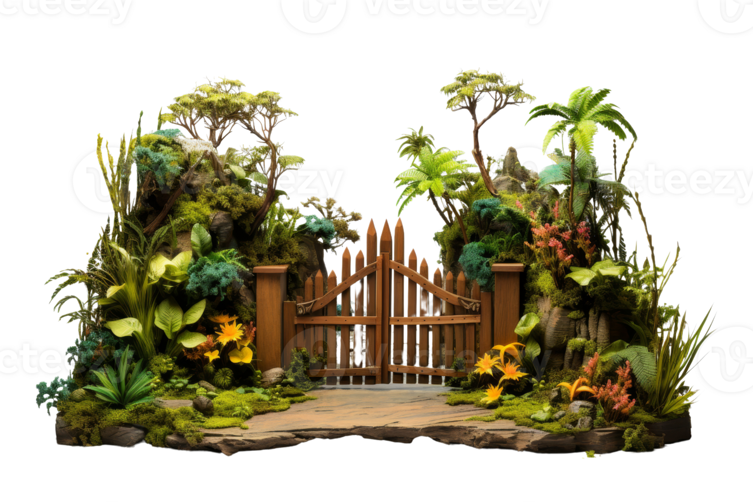 A tropical jungle scene with a wooden gate and a lush green forest. The gate is open, inviting visitors to explore the jungle. The scene is peaceful and serene, with the sounds of birds png