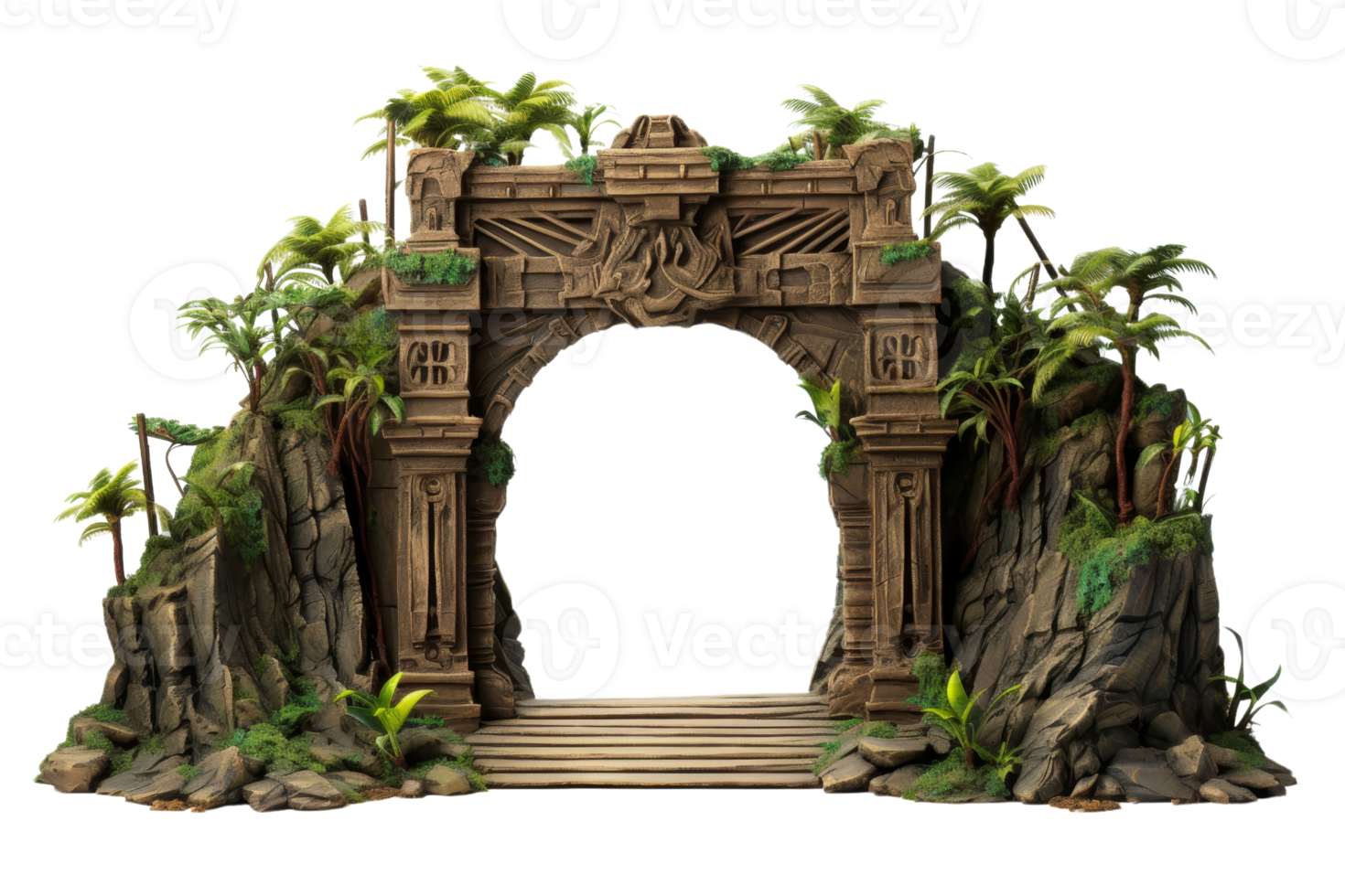 A large archway with a jungle setting. The archway is made of stone and has a lot of greenery surrounding it. The scene is set in a tropical environment with palm trees and lush vegetation png