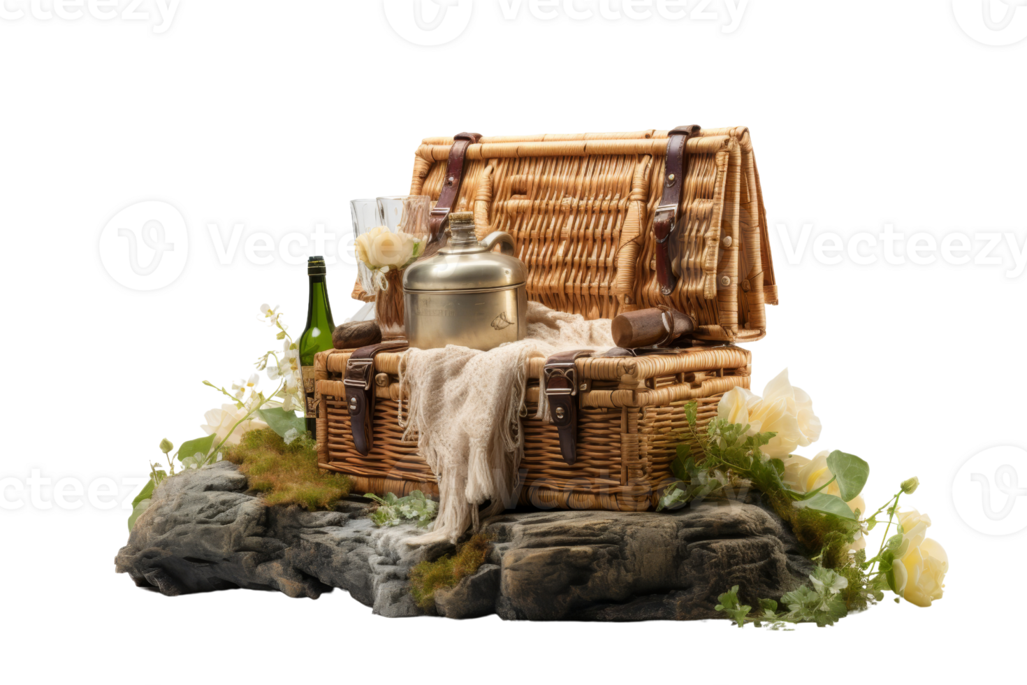 A basket of food and drink is displayed on a rock. The basket is made of wicker and has a lid. The basket is filled with a variety of items, including a bottle, a cup, and a teapot png
