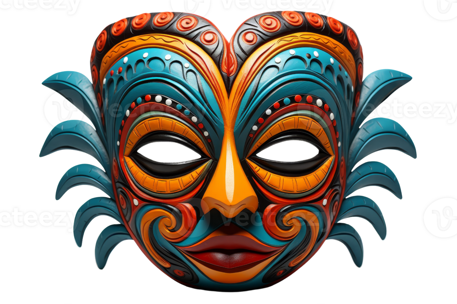A colorful mask with a blue and orange face. The mask is decorated with swirls and has a black eye png