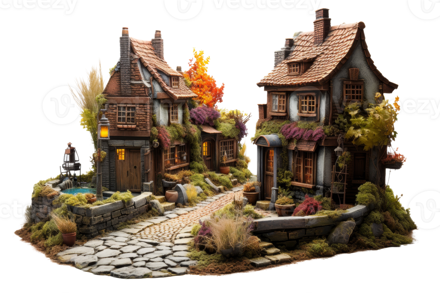 A small town with two houses and a path in between. The houses are brown and have a rustic feel. The path is made of stone and has a garden in front of one of the houses. The scene is peaceful png