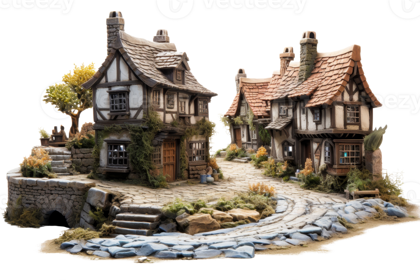A small village with two houses and a stone walkway. The houses are old and have a rustic feel. The village is surrounded by a stone wall and has a stone path leading to it png