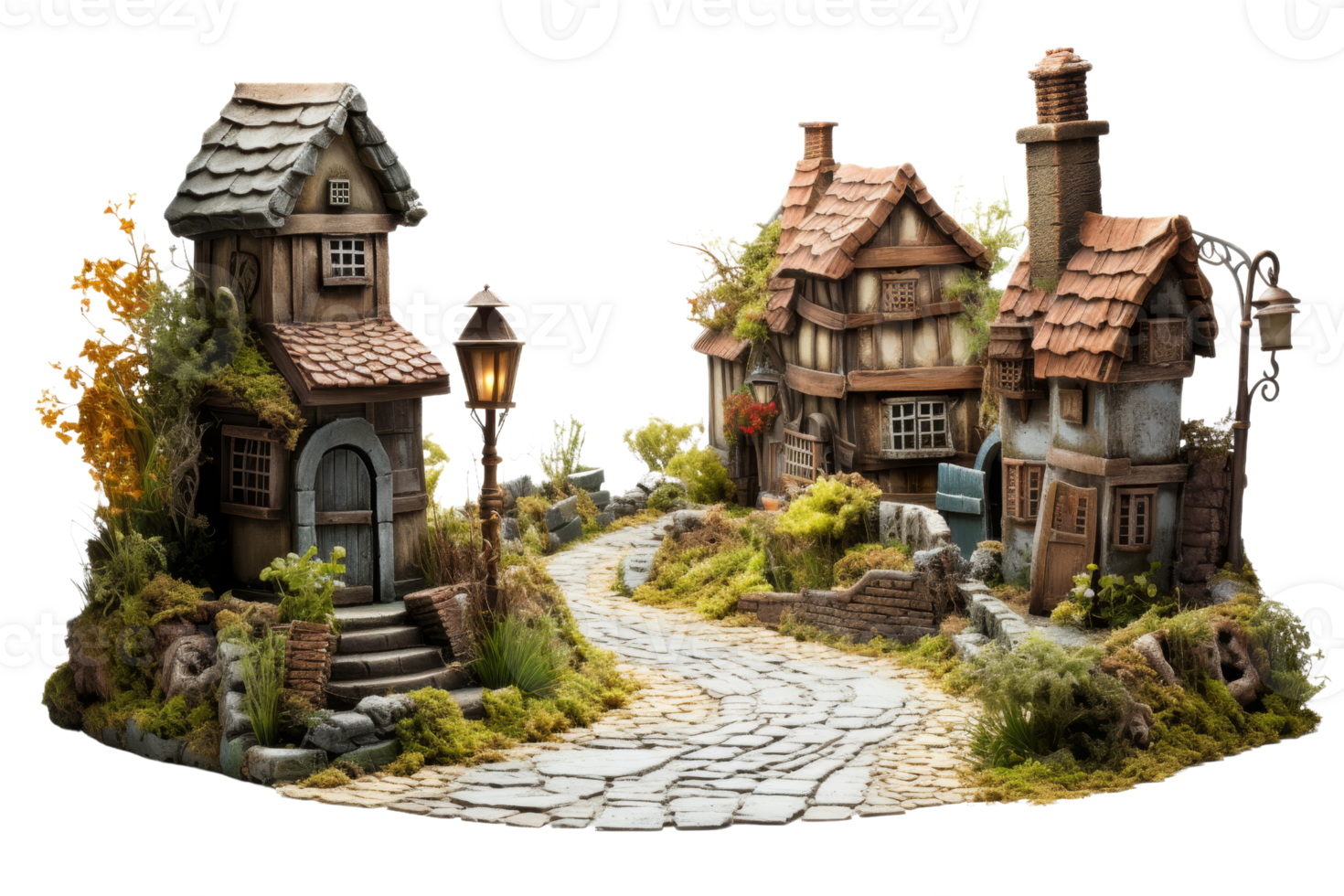 A small village with a path between two houses. The houses are old and have a rustic feel. The path is lined with grass and there is a lamp post on the side. The scene gives off a peaceful png