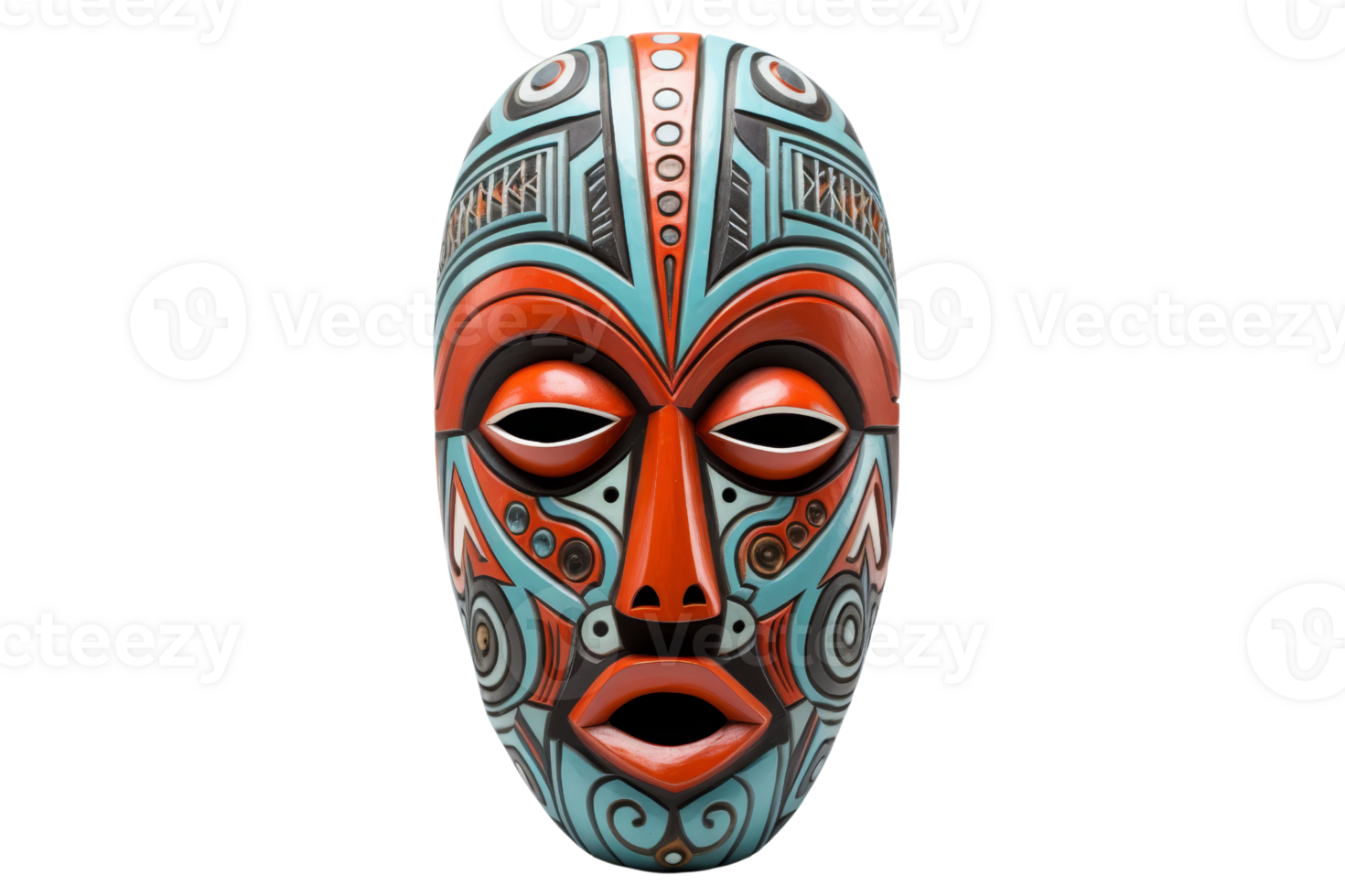 A blue and red mask with a red nose and blue eyes. The mask is decorated with swirls and dots png