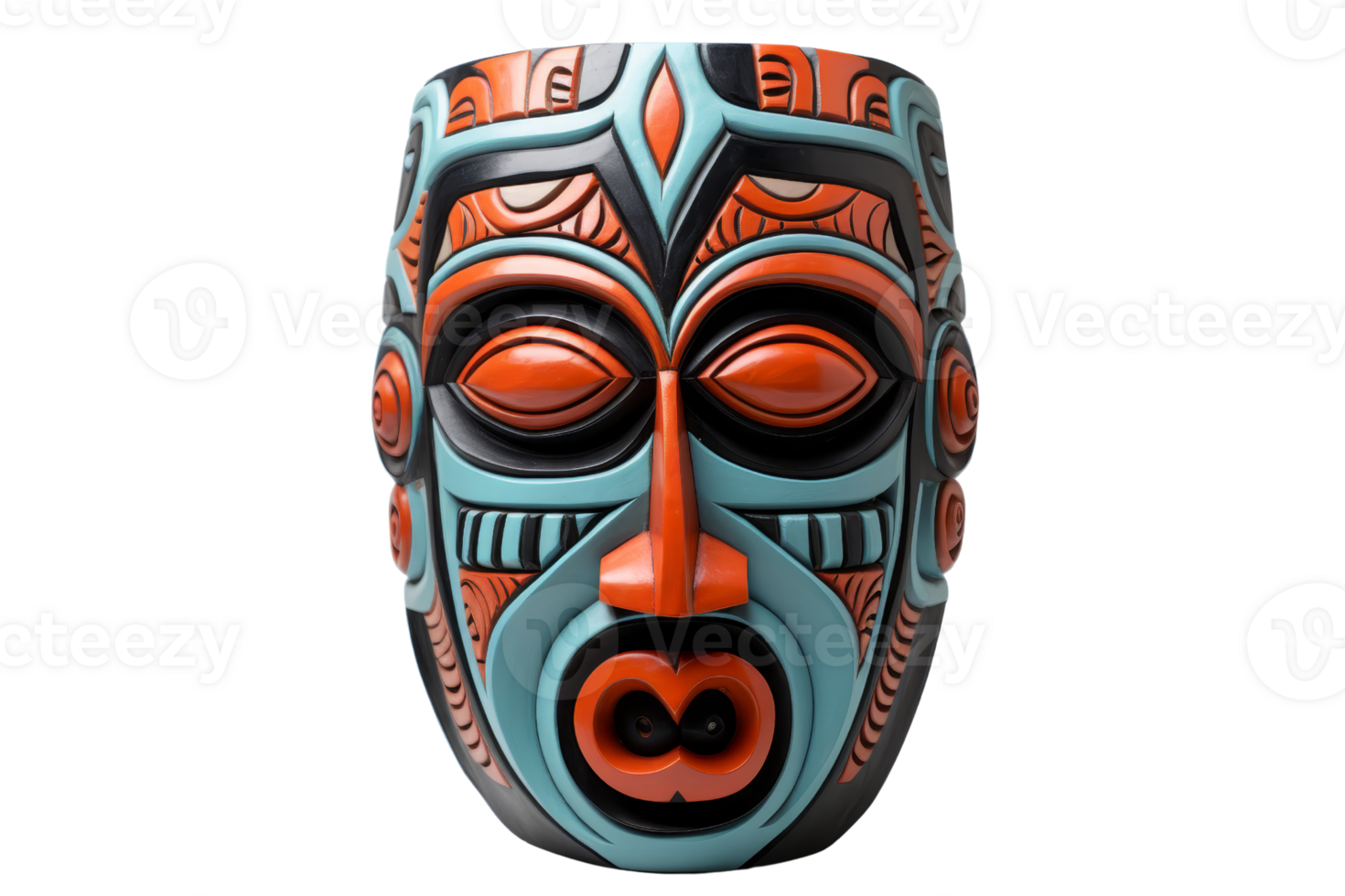 A blue and orange mask with a black nose. The mask is made of wood and has a tribal design png