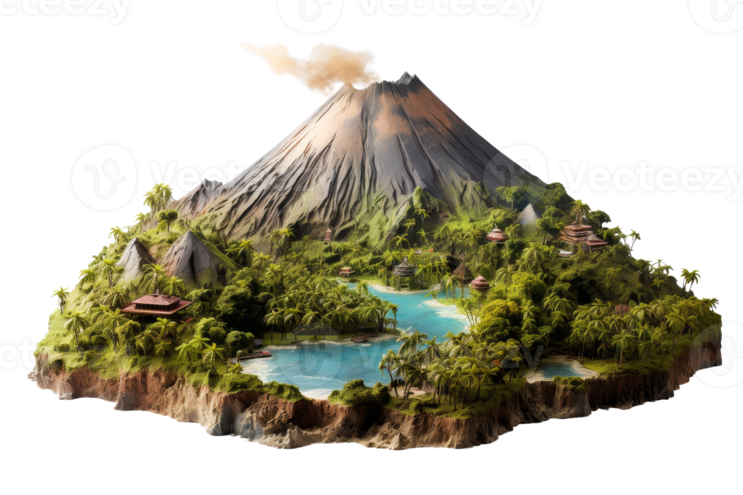 A mountain with a volcano on top and a lush green island in the foreground. The island is surrounded by water and has a tropical feel to it png