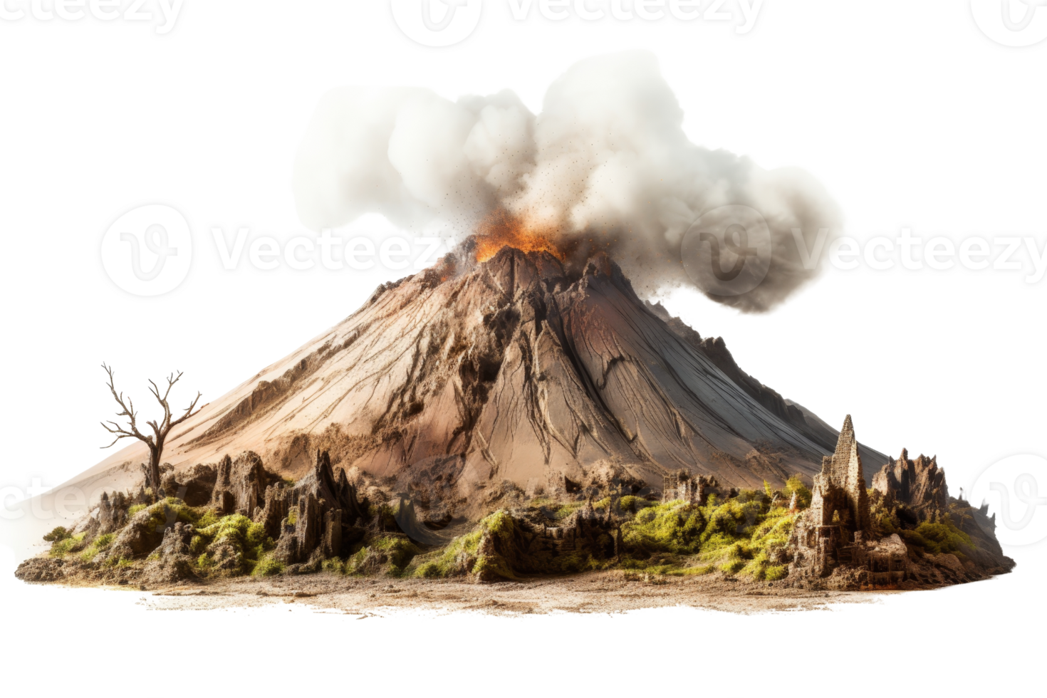 A volcano with smoke and fire coming out of it. The volcano is surrounded by rocks and trees png