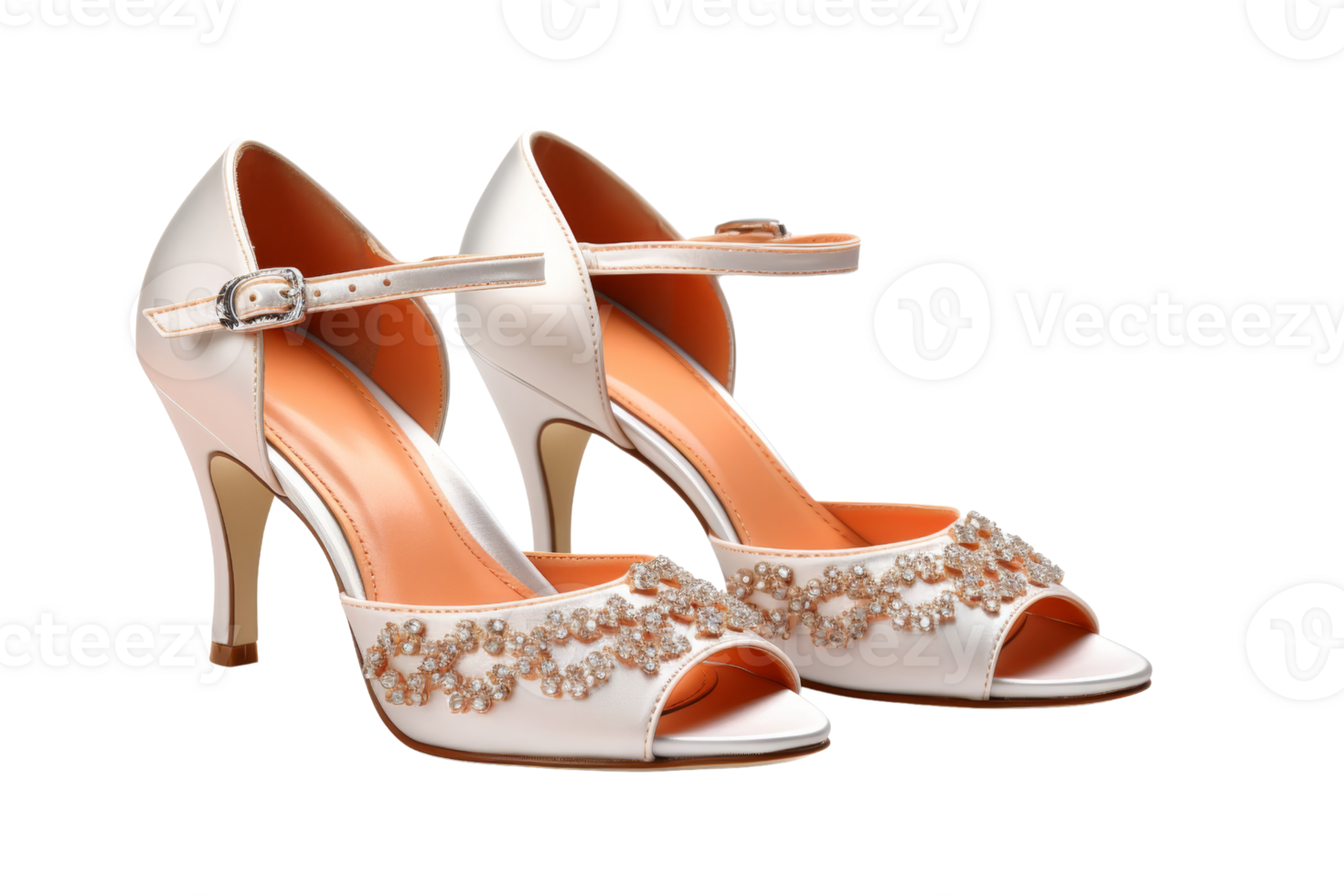 Two white high heels with gold accents. The heels are decorated with beads and have a gold strap png