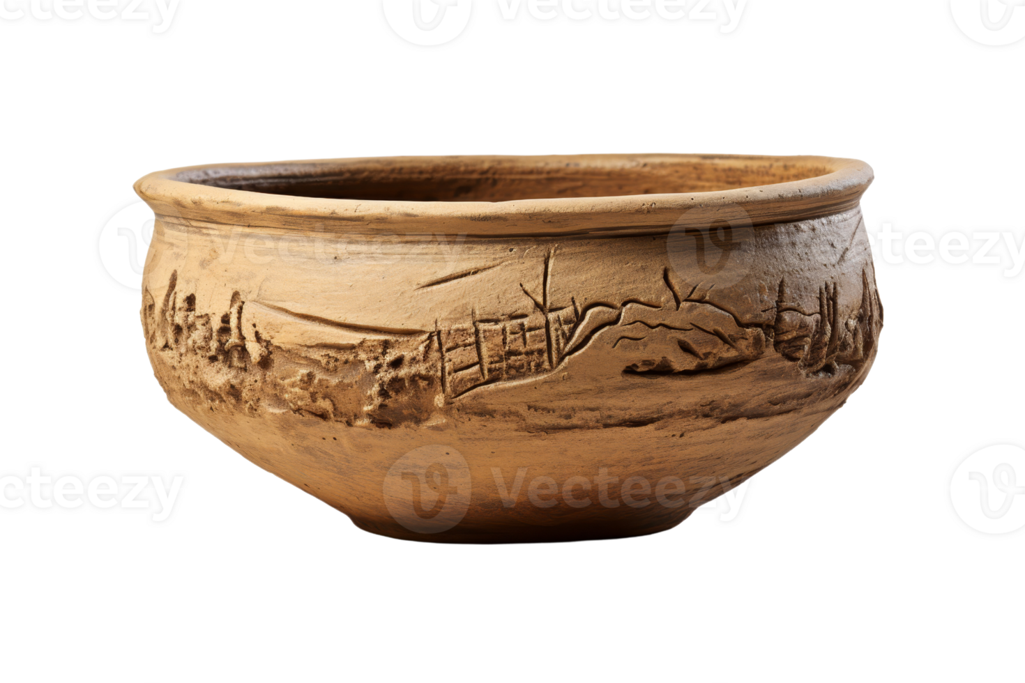 A large brown bowl with a design of a village and a fence. The bowl is made of clay and has a rustic look to it png