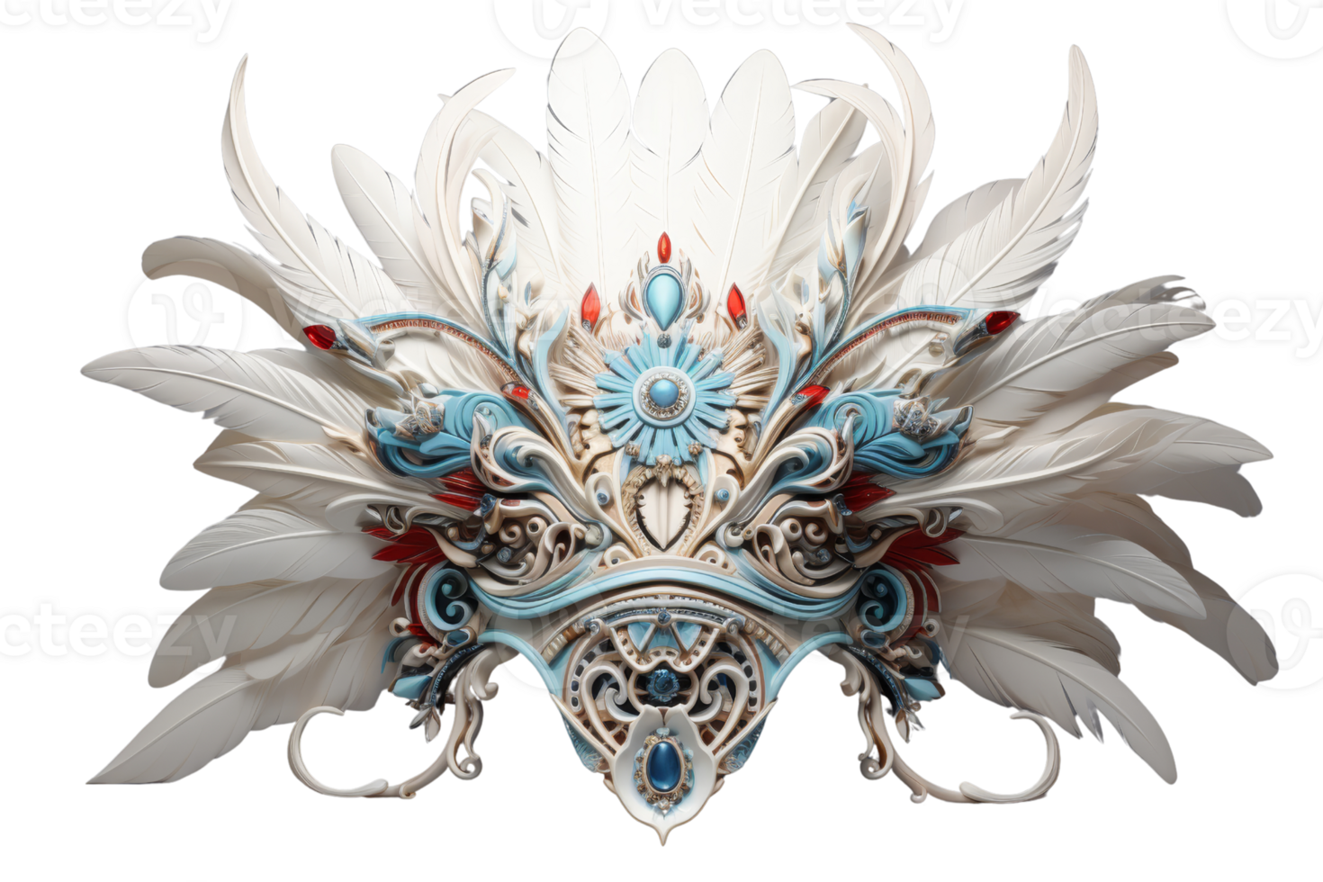 A large, ornate, white headpiece with blue and red feathers. The feathers are arranged in a way that creates a sense of movement and flow. Scene is elegant and sophisticated png