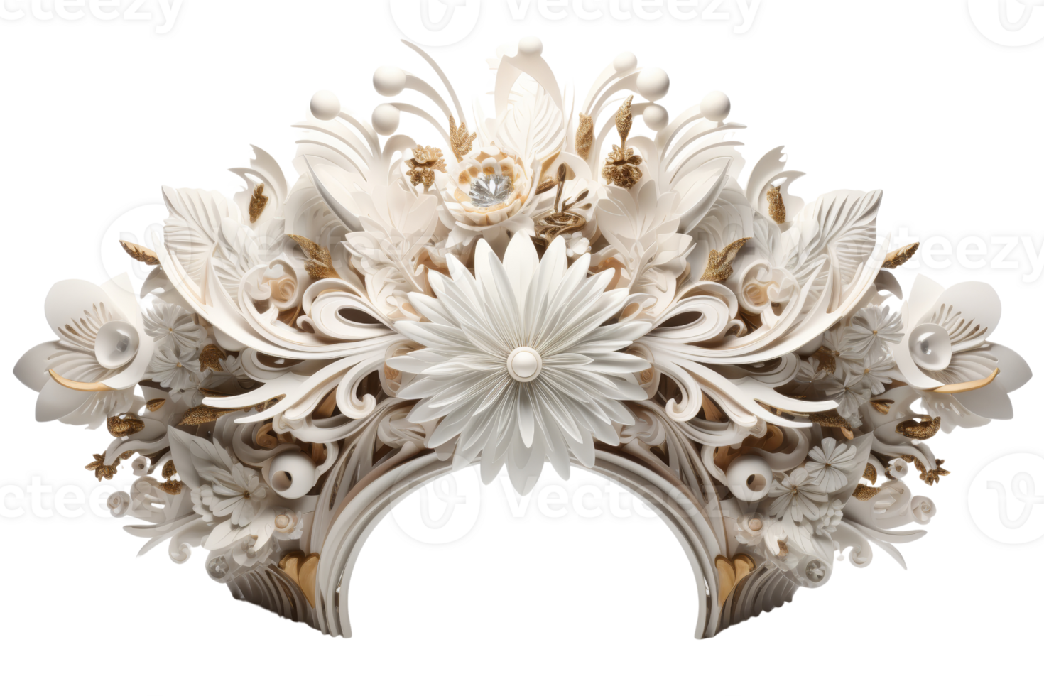 A white flower crown with gold accents and a large flower in the center. The crown is made of paper and has a shiny, glittery appearance png
