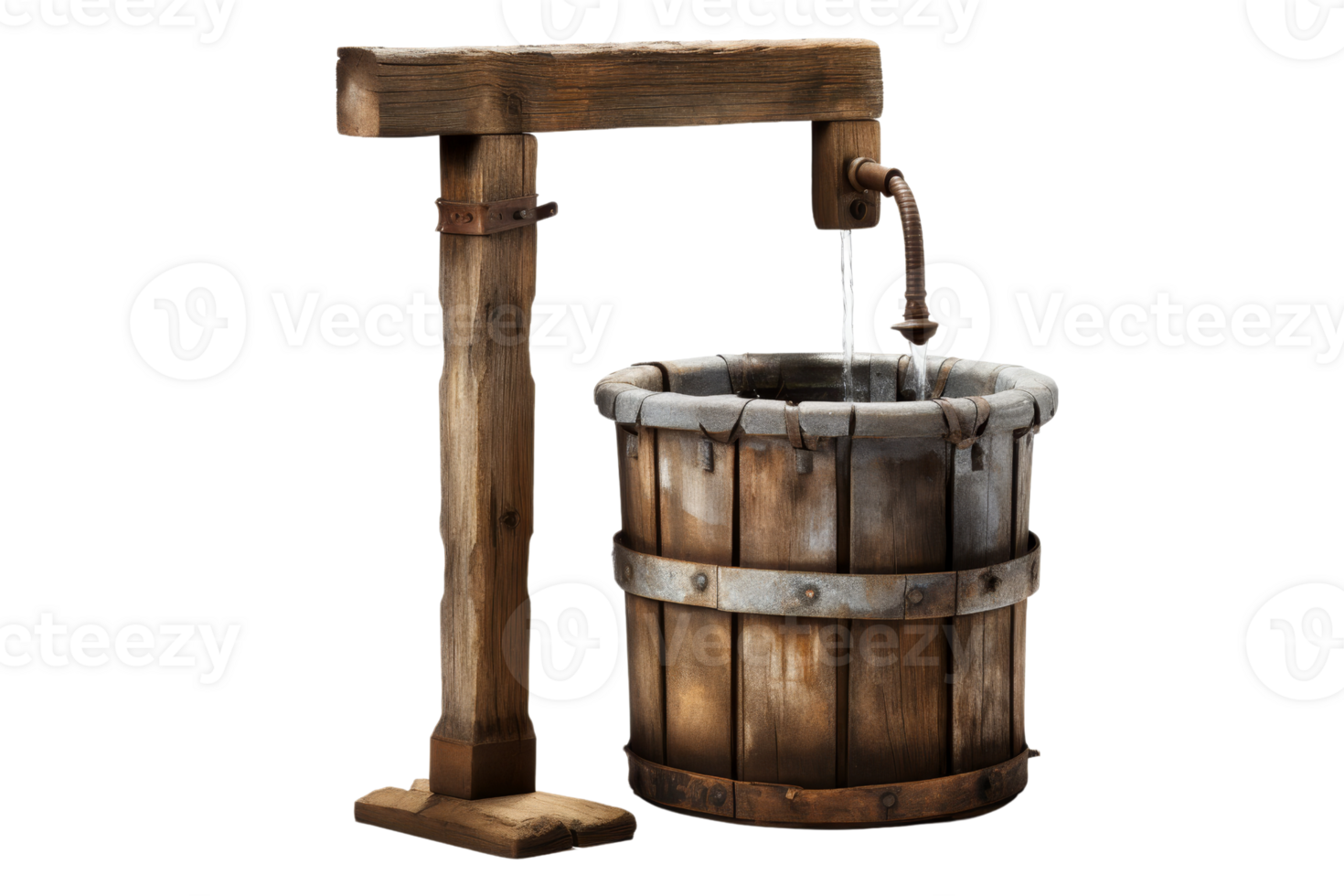 A wooden bucket with a metal pipe attached to it. The bucket is filled with water and the pipe is dripping water. The image has a rustic and old-fashioned feel to it png